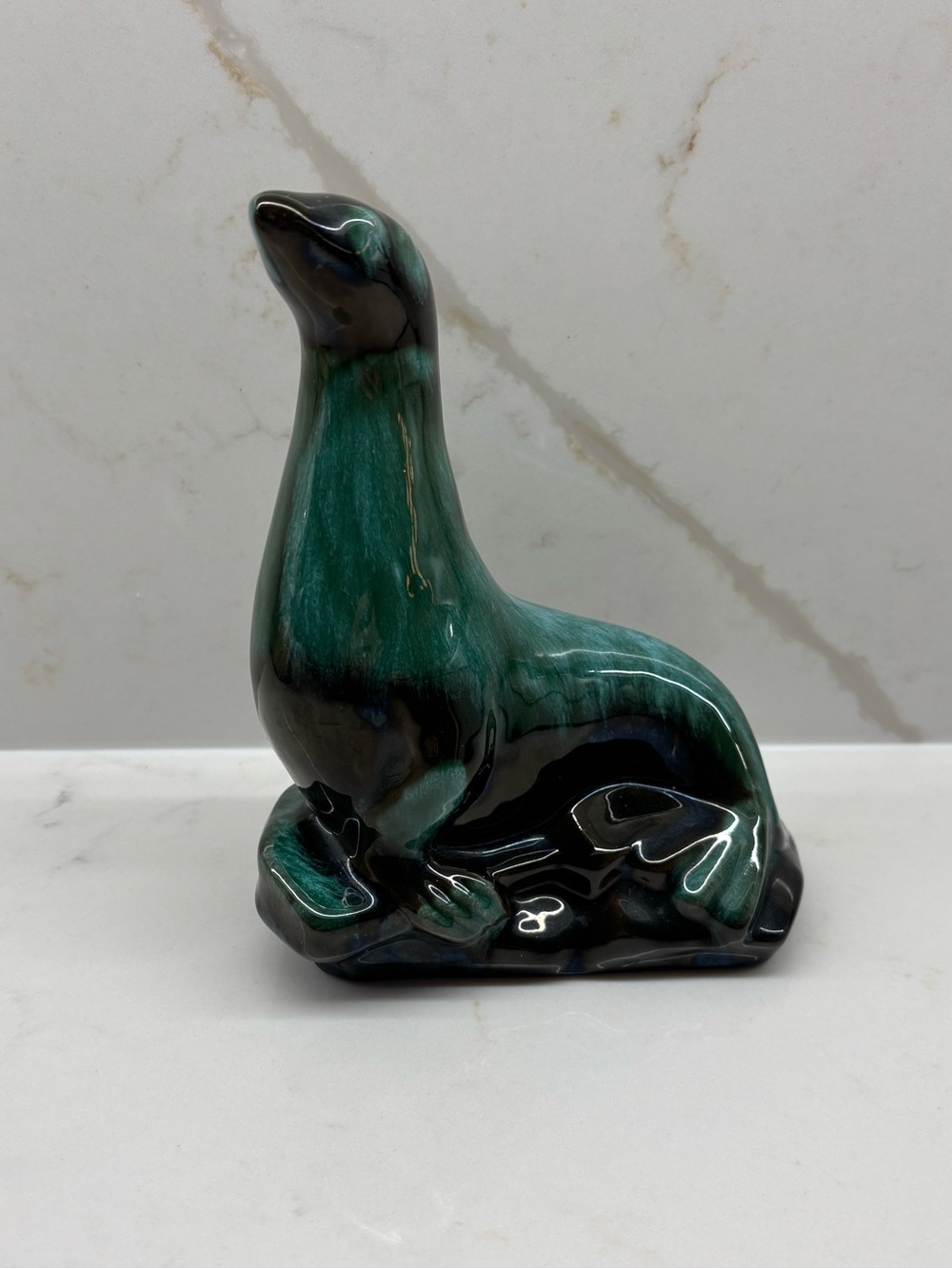 Vintage Blue Mountain Pottery Seal Sea Lion BMP Green Black Drip Glaze MCM